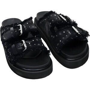Nine West Eleny Platform Frayed Buckle Slide Sandals Black US 8.5M